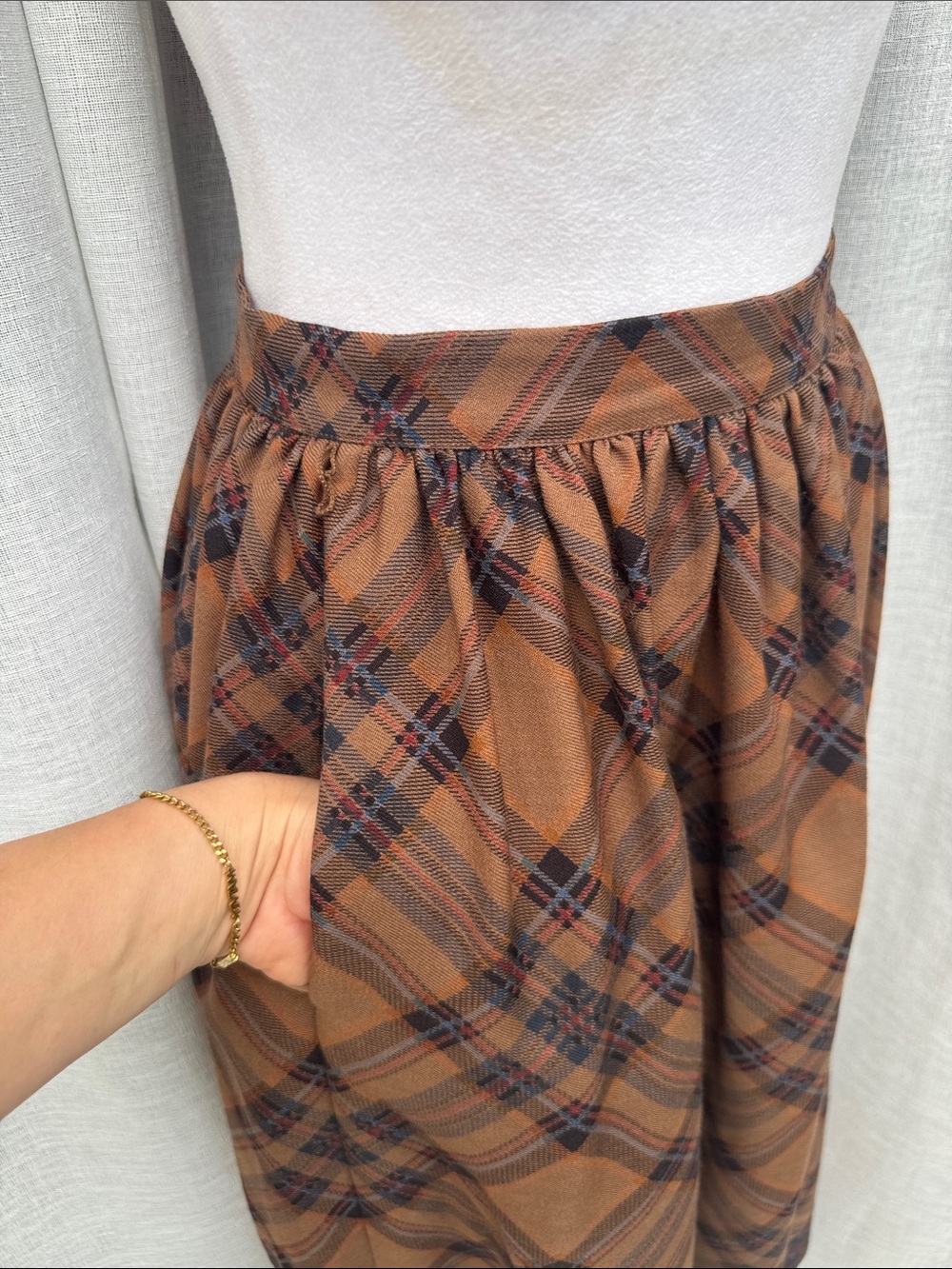 1980 Ralph Lauren brown plaid midi skirt blue paisley border hem - Picture 2 of 10